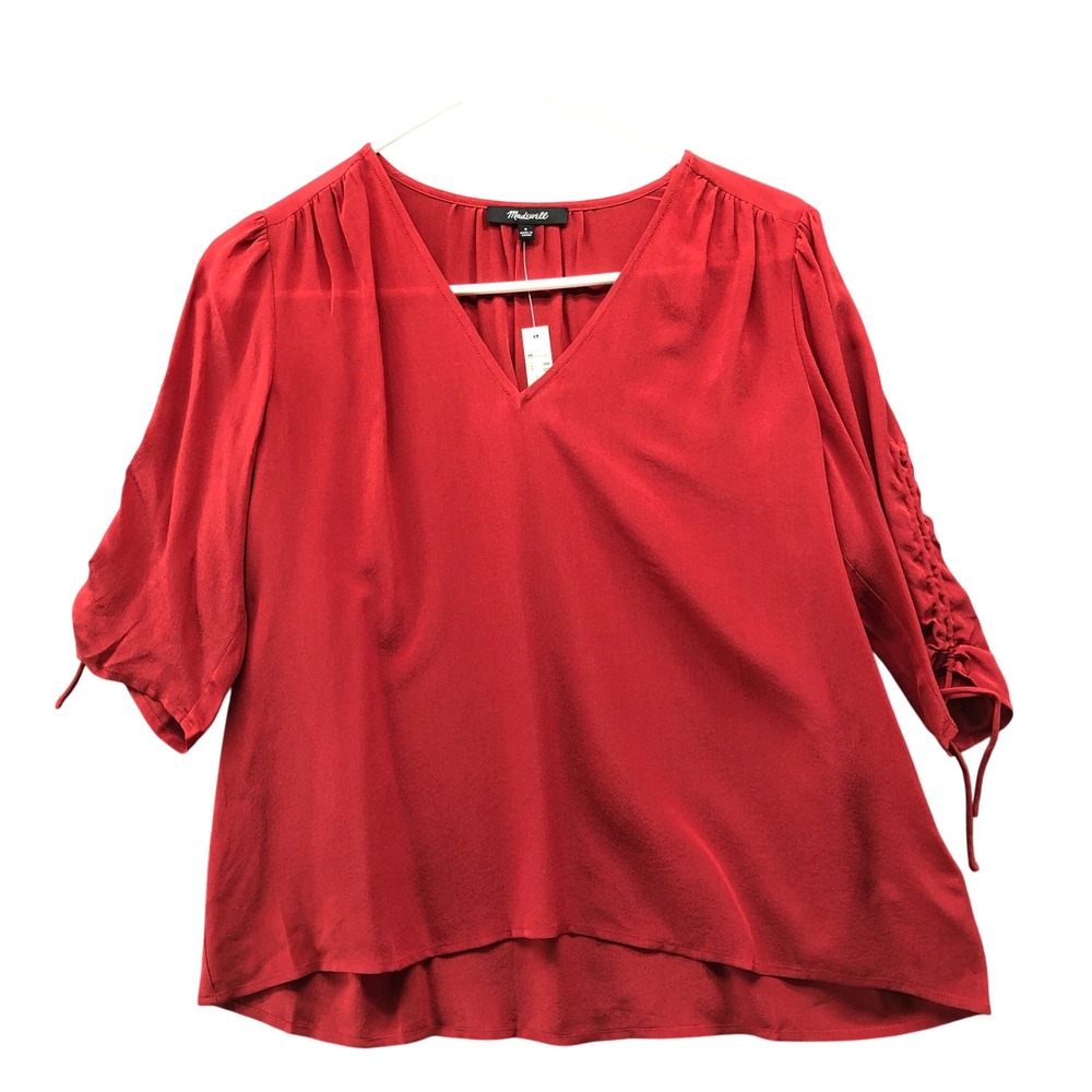 NWT Madewell Silk Cinch Sleeve Top Womens S Burnt Orange V-Neck 3/4 Sleeve